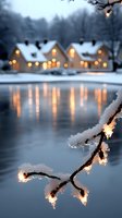 Snowy winter evening with illuminated houses reflecting on frozen lake surface, snow-covered branch with glowing lights in foreground creates magical atmosphere.