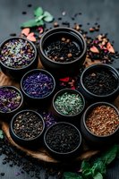 Assorted loose tea leaves in black ceramic bowls on wooden board, variety of herbal, black, and floral teas with scattered petals and mint leaves on dark background.