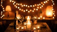 Romantic dinner table setting with wine glasses, candles and warm string lights creating cozy intimate atmosphere for date night celebration.