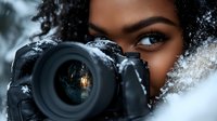 Young African American female photographer with professional camera partially hidden behind winter snow, close up view focusing on intense blue eyes and natural curly hair.