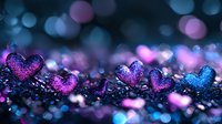Glittering hearts in purple and blue sparkle against dark background with magical bokeh lights, creating romantic and dreamy atmosphere for Valentine's Day designs.