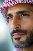Close-up portrait of Middle Eastern man wearing traditional keffiyeh headscarf, with well-groomed beard and confident expression looking into distance.