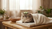 Fluffy gray cat relaxing on wooden table with warm sunlight streaming through window, cozy home interior with plants and blanket for lifestyle content.