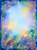 Magical gradient background with ornate gold filigree border, sparkling stars, and fireworks. Soft pastel colors blend from blue to purple, yellow, and green. Isolated on transparent background, ready for design use.