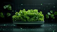 Fresh green kale leaves in dark ceramic bowl on black background with futuristic digital interface elements, modern food technology concept.