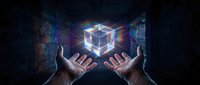 Hands reaching toward glowing holographic cube with rainbow light effects against dark digital background for technology and innovation concepts.