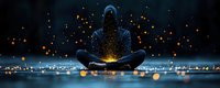 Mysterious hooded figure meditating in lotus position surrounded by glowing orbs of light against dark background with bokeh effect and reflective surface.