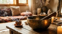 Tibetan singing bowl with wooden mallet on rustic table creating peaceful meditation atmosphere with incense smoke and warm golden sunlight.