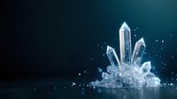 Luminous crystal quartz cluster with glowing points emerging from rough base against dark teal background, magical mineral formation with sparkles and light effects.