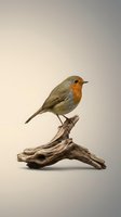 European robin bird perched on driftwood branch against neutral background, isolated songbird with orange breast for nature and wildlife designs.