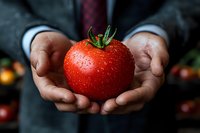 Fresh ripe tomato with water drops held in farmer hands against dark background, close up view. Organic produce and sustainable agriculture concept.