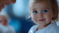 Young caucasian girl with bright blue eyes and gentle smile wearing white clothing against soft blue background, natural lighting creates warm emotional mood.