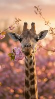 Giraffe eating purple flowers in a blooming field at sunset, wildlife portrait with warm golden light and soft bokeh background.