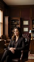 Professional businesswoman in dark suit sitting confidently in elegant office with leather furniture and wooden bookshelves for corporate leadership concepts.