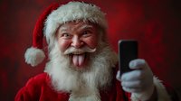 Cheerful senior man in traditional red holiday costume and white beard taking selfie and showing tongue against dark red background. Festive mood.