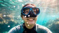 Young woman snorkeling underwater with diving mask smiling at camera surrounded by sunlight rays and bubbles in clear tropical ocean water.