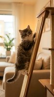 Playful tabby kitten climbing wooden cat tree with sisal rope in warm, sunlit living room with couch and potted plant.