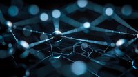 Glowing network connections with spherical nodes on dark background create futuristic technology pattern. Abstract digital visualization for tech presentations.
