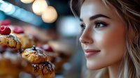 Young blonde woman with blue eyes smiling at pastries in bakery display. Soft bokeh lights and chocolate drizzled desserts with fresh raspberries create dreamy atmosphere.