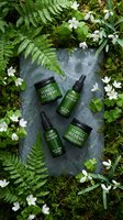 Natural skincare products arranged on stone surface surrounded by fresh ferns and white flowers for organic beauty and wellness branding.