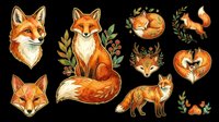 Cute fox character collection with sitting and standing poses, head portraits, and decorative foliage elements isolated on transparent background. Ready for t-shirt design, stickers, clipart, sublimation and print-on-demand projects.