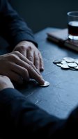 Businessman in dark suit arranging coins on table with glass of water and notebook, representing financial planning, investment strategy, and business decision-making.