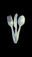 Watercolor dining utensils set with fork, knife, and spoon in soft blue and yellow tones, isolated on transparent background, ready for clipart, t-shirt design, and print-on-demand projects.