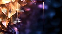 Glowing geometric crystal shapes with rose gold frame on dark background with bokeh lights and copy space for luxury design and holiday cards.