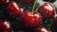 Fresh ripe red cherries with water drops on dark background, macro shot showing juicy texture and natural shine. For food and harvest concepts.