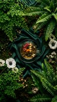 Herbal tea cup surrounded by lush green ferns and white flowers on emerald silk fabric creating natural botanical wellness scene for relaxation and mindfulness.