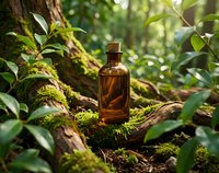 Amber glass bottle with cork stopper nestled among moss-covered logs in lush green forest setting for natural skincare and aromatherapy products.
