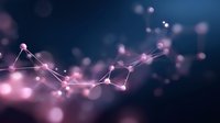Glowing pink constellation network on dark blue background with soft bokeh lights and connected dots forming abstract geometric pattern.