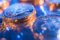 Stack of golden bitcoin coins with blue light reflections and bokeh effects, representing digital cryptocurrency investment and financial technology.