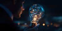 Glowing light bulb held in hand against dark background with bokeh lights, symbolizing innovation, creativity and bright ideas in business and technology.