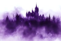 Mysterious gothic castle silhouette emerging from purple misty forest, fantasy landscape with spooky towers and foggy atmosphere for book covers and Halloween designs.