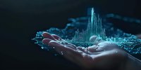 Glowing futuristic cityscape hologram floating above open palm against dark background, with ethereal blue light particles creating magical atmosphere.