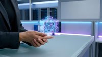 Young professional male with medium skin tone wearing dark business attire, holding glowing holographic cube structure in modern office environment with neon lighting for technology and innovation concepts.