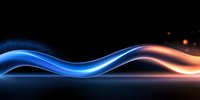 Glowing blue and orange wave lines with light particles on black background create dynamic motion effect for modern abstract design projects.