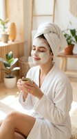 Young woman in white bathrobe with facial mask and towel on head drinking tea during spa day at home with plants in background for wellness routine.