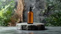 Amber glass cosmetic bottle on stone podium against tropical green background with palm leaves and smoke. Natural skincare concept.