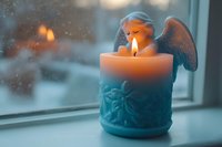 Glowing decorative candle with angel figure on windowsill against rainy window background creates cozy atmospheric mood in blue and orange tones.