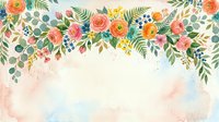 Watercolor floral border with coral roses, yellow flowers, ferns and eucalyptus leaves on cream background. Perfect for wedding invitations, greeting cards and design projects.