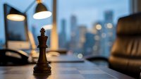 A wooden chess piece stands on a desk with pendant lights and a blurred cityscape visible through the window at dusk, suggesting strategy and business planning.