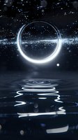 Glowing white circle ring floating above dark water surface with ripples and light reflections in mystical night scene with sparkling particles and bokeh effects.