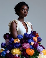 Young African American woman in white ruffled dress holding vibrant bouquet with blue, purple, orange and yellow flowers against gray background. Fashion portrait with dramatic lighting.
