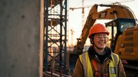 Smiling female construction worker in safety gear at building site with excavator and scaffolding during golden hour sunset creating warm industrial atmosphere.