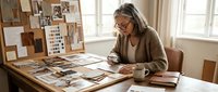 Middle-aged woman with gray hair and glasses, wearing a brown cardigan, reviewing design samples and mood boards at a wooden desk in a bright studio workspace with natural light.