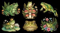 Cute frog clipart set with six watercolor frogs isolated on transparent background, ready for stickers, t-shirt design, print on demand, and sublimation crafts.