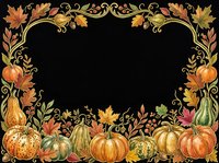 Ornate autumn harvest frame with pumpkins, gourds, and fall foliage on black background. Ideal for seasonal designs, invitations, and thanksgiving projects.