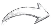 Curved arrow drawn in pencil sketch style with rough shading and dynamic movement, isolated on white background for design projects and presentations.